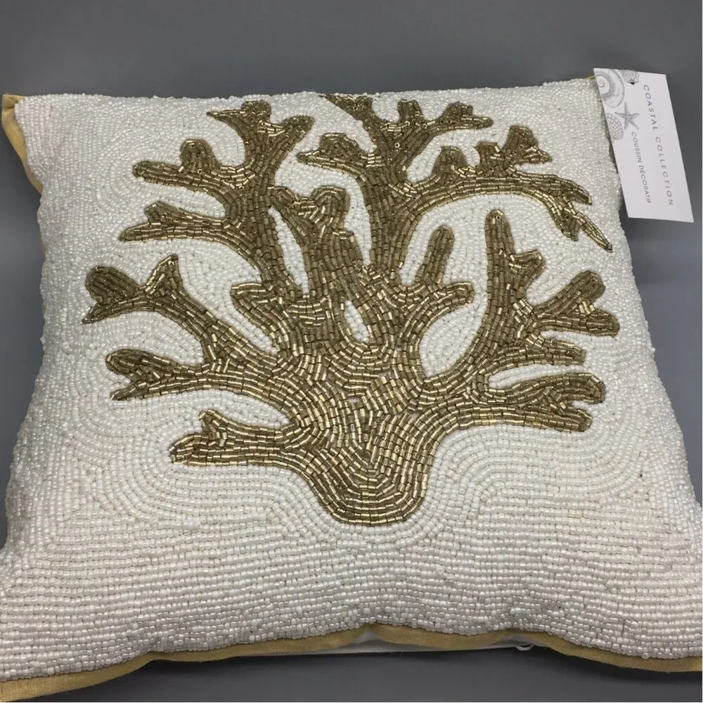 Coastal Collection White Gold Coral Beaded Pillow Beach Ocean Decor Summer 14